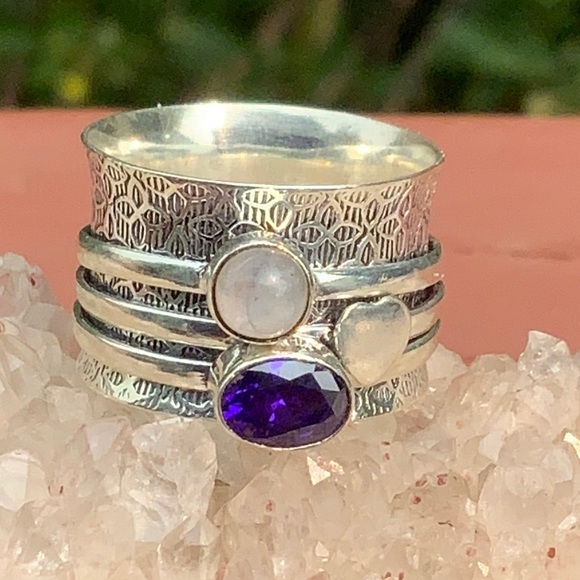 BOUTIQUE AMETHYST & MOONSTONE 925 SILVER RING 8